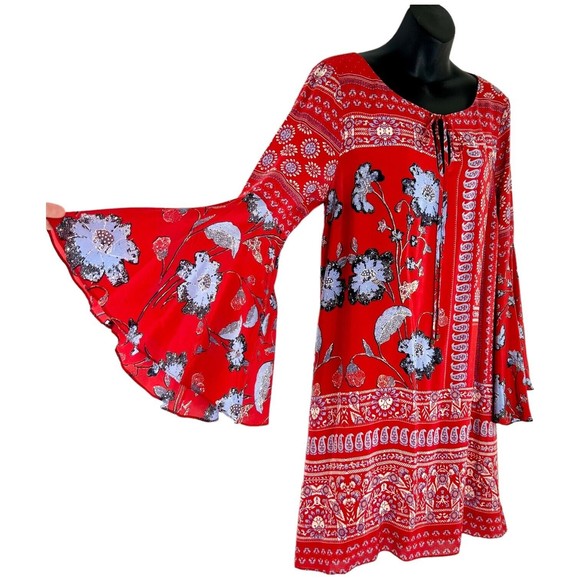 ANTHRO Vanessa Virginia Isabelle Red Silk Floral Bell Sleeves Size 12 - Picture 3 of 9